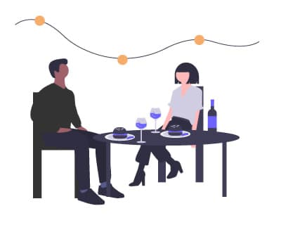 Illustration von zwei Personen beim Essen im Restaurant – steht symbolisch für eine Website, die Atmosphäre, Stil und Alltag von Cafés und Restaurants authentisch widerspiegelt