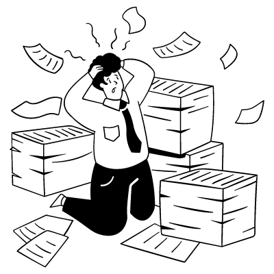Illustration eines verzweifelten Mannes zwischen Kartons voller Unterlagen – symbolisiert typische Fragen und Unsicherheiten rund ums Webdesign